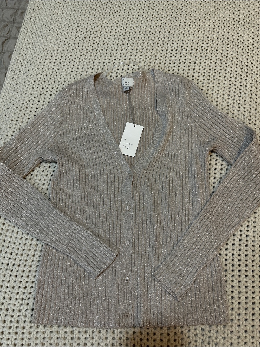 NWT A New Day Metallic Sparkle Ribbed V-Neck Cardigan - Taupe, XL
